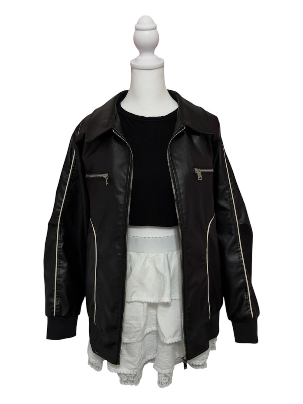 Black Faux Leather Zip-Up Jacket with White Lining Oversized Fit Baggy Outerwear